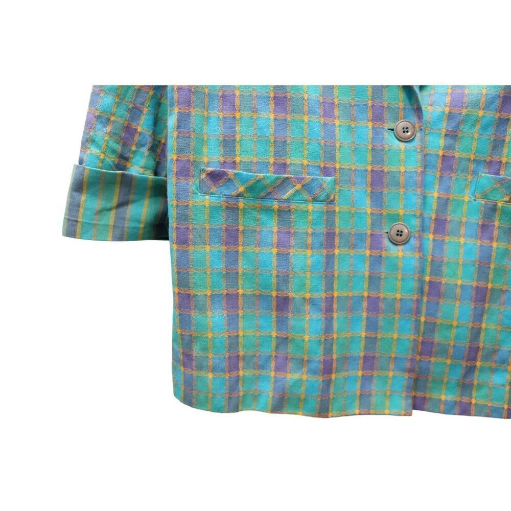 Vintage 80s 90s Blazer Large Multicolor Plaid Preppy Classic 100% Cotton USA - Picture 7 of 13